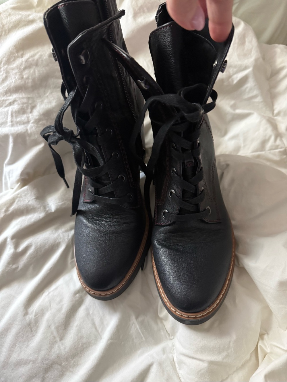 Naturalizer Black Lace-Up Leather Boots with Tan Trim